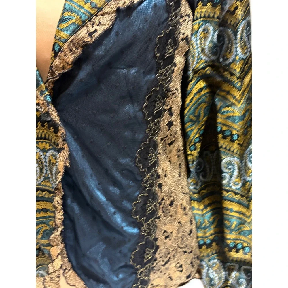 Coldwater Creek Paisley Blazer PM Boho Velvet Lace Teal Gold Romantic Jacket VTG - Picture 4 of 9